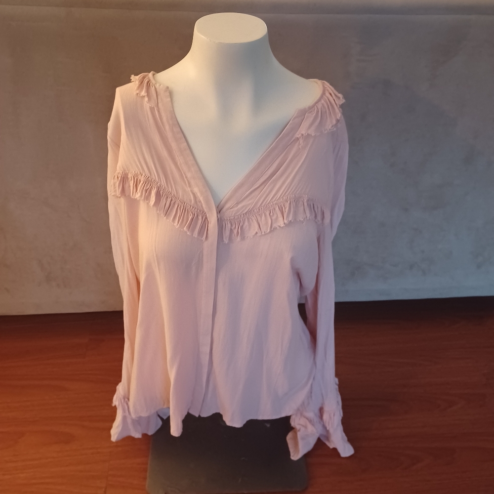 PAIGE Pink button down shirt M Bell Sleeve Ruffle Feminine Y2k Festival Boho